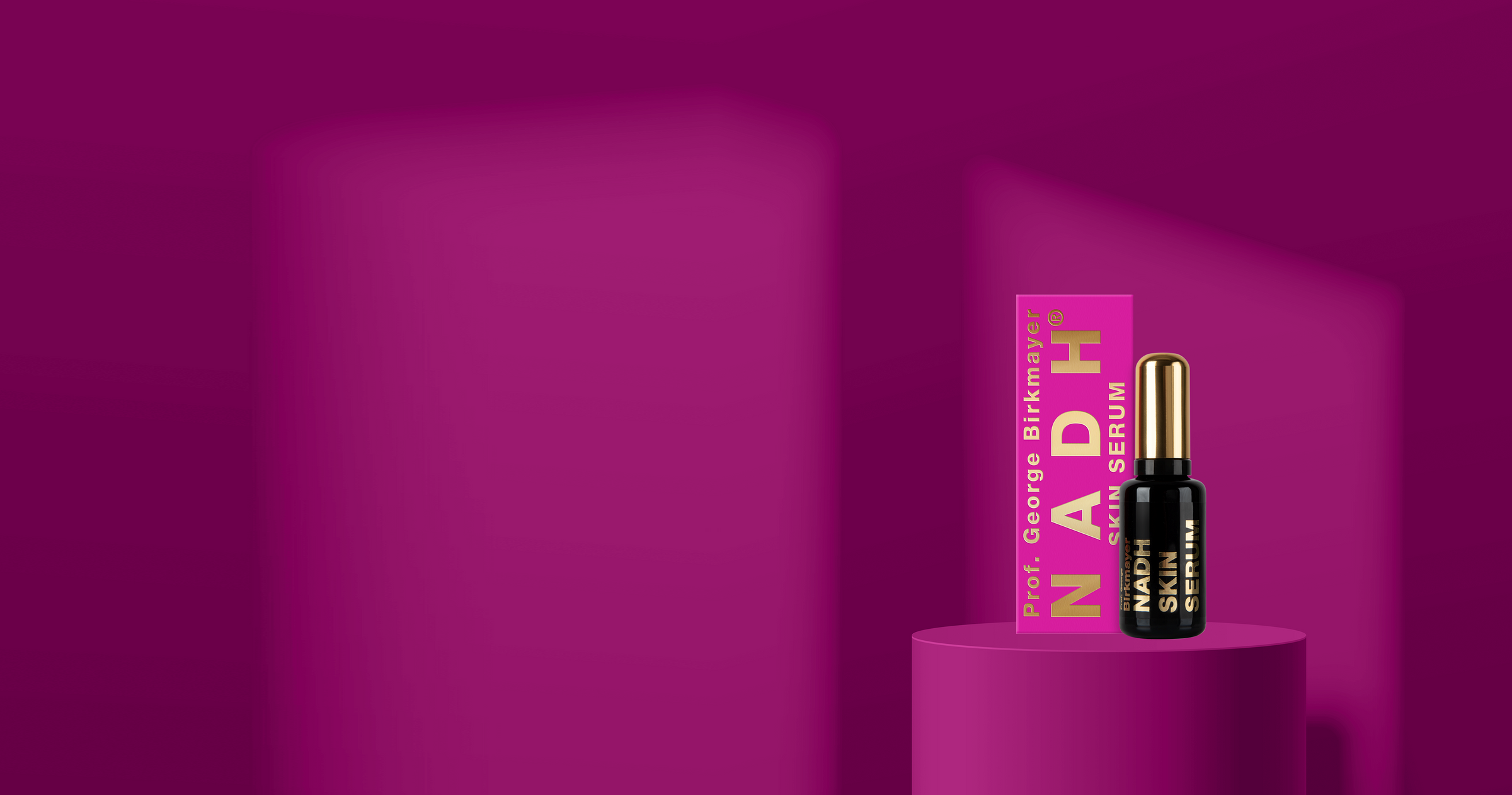 NADH Skin Serum packaging and bottle on a purple pedestal